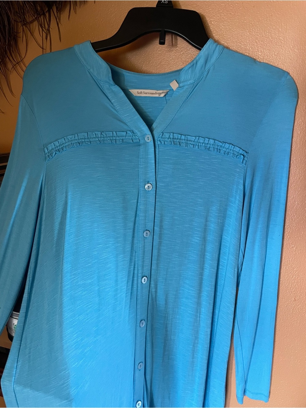 Soft Surroundings Turquoise Ruffle-Trim Button Front Top